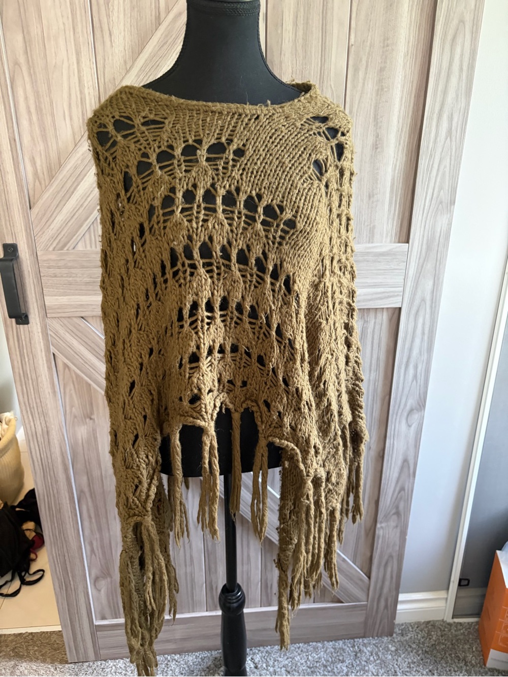 Women's Olive Open-Knit Fringe Sweater Poncho